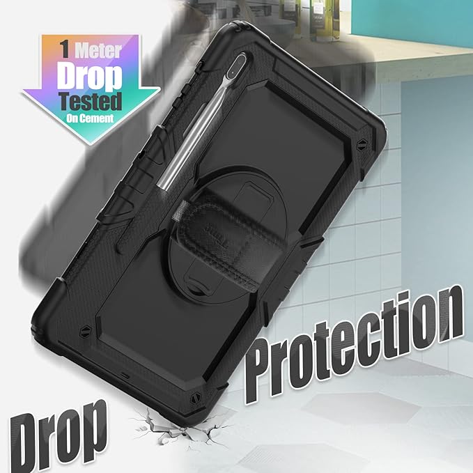 Timecity Case for Samsung Galaxy Tab S8 Plus/ S7 FE 5G Case 12.4'' with Screen Protector &amp 360° Swivel Kickstand &amp Hand Shoulder Strap for Galaxy Tab S7 FE/ S8 Plus/ S7 Plus 12.4 inch -Black
