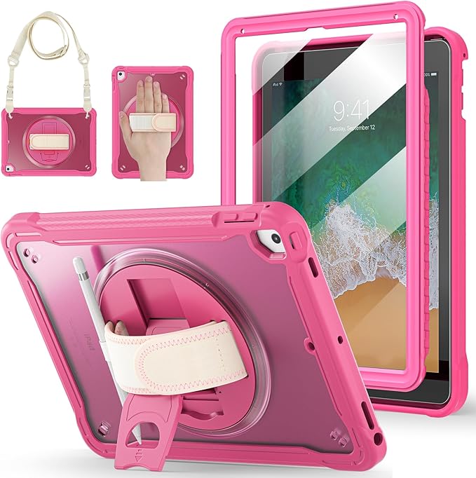 BRAECNstock Case for iPad 6th/5th Generation 9.7 inch 2018/2017ipad Air 2nd Generation &amp Pro 9.7 inch Cover for Kids with Pencil HolderScreen Protector360°Rotating Hand Strap&ampKickstand-Rose