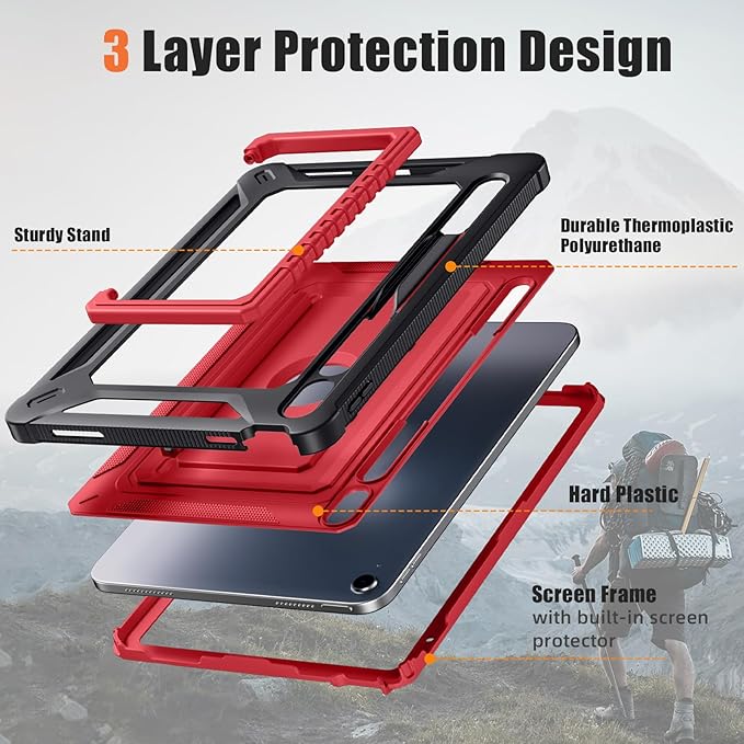 Akkerds for iPad A16 case 11th Generation 11 Inch 2025 - for iPad 10th Generation case 10.9 Inch 2022 with Pencil Holder - Screen Protector and Kickstand - Heavy Duty Rugged Protective Cover - Red