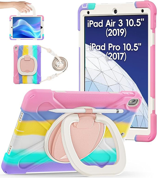 BATYUE iPad Air 3rd Generation Case 2019 Release iPad Pro 10.5 Case 2017 Released Rugged Heavy Duty Protective Cover with Pencil Holder 360° Swivel Stand Shoulder Strap for Kids (Colourful Pink)