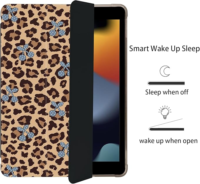 Cute Leopard Print Cherry for iPad Pro 11 Inch Case (M5/M4) 2025/2024 with Pencil Holder Auto Sleep/Wake Black Leather Soft TPU Back Cover