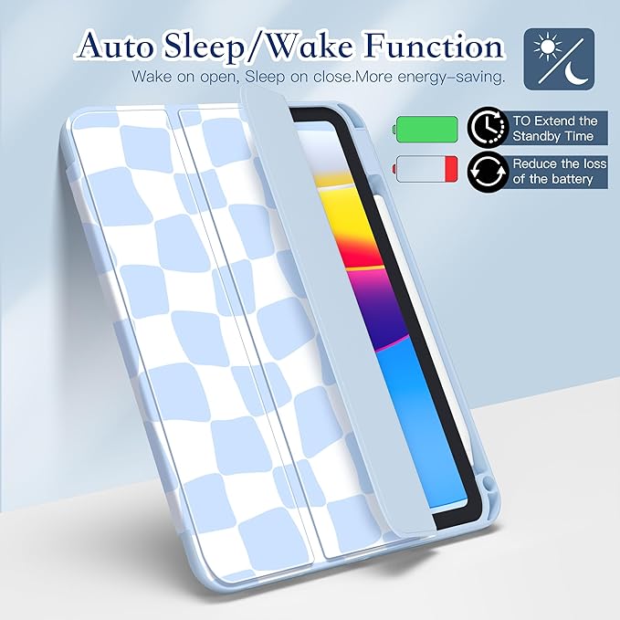 CISSOOK Case for New iPad 11 Inch 2025 (A16) / 10.9 inch iPad 10th Generation 2022 with Apple Pencil Holder Auto Wake/Sleep Light Blue Checkerboard