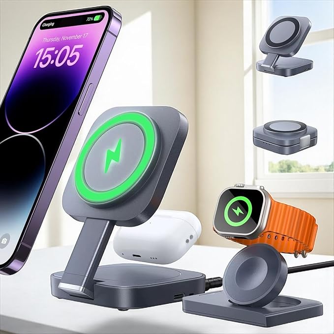 Trendwave 3 in 1 Charging Station for Apple Magsafe Charger Travel Accessories Wireless Charger 3 in 1 for for Airpods iWatch iPhone 12-17 Pro Max Black
