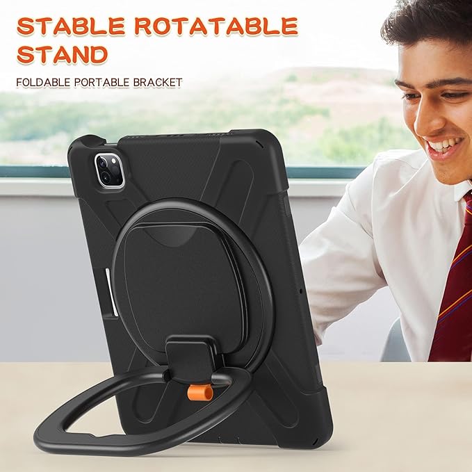 Batianda Case for iPad Air 11 inch 2025 2024 M3/M2 Chip Heavy Duty Rugged Durability Silicone Tablet Cover with 360° Rotating Ring Foldable Kickstand &amp Shoulder Strap Black
