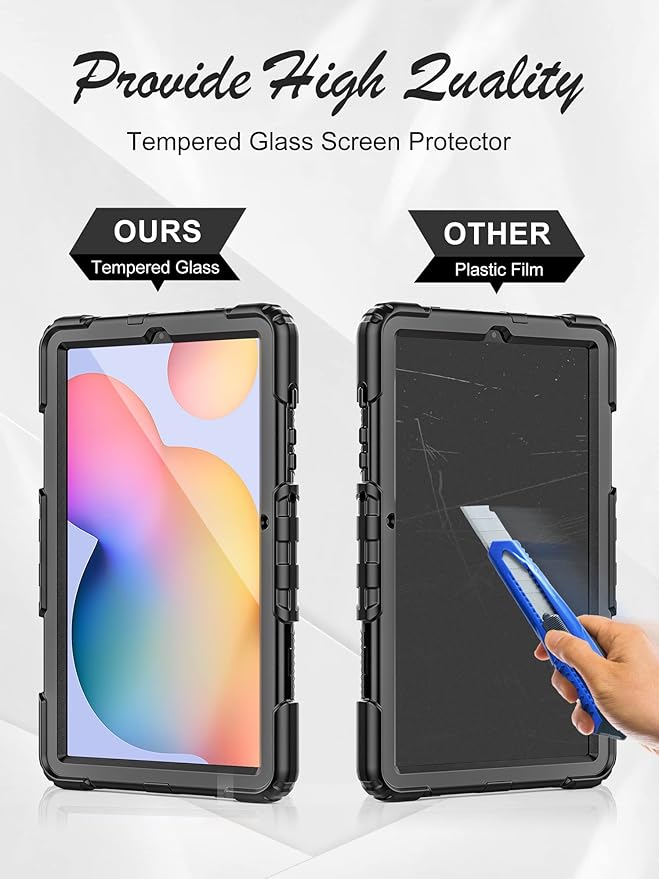 Case for Samsung Galaxy Tab S6 Lite Tablet Case 10.4 inch 2024/2022/2020 [with Tempered Glass Screen Protector] Rotatable Kickstand S Pen Holder Hand/Shoulder Strap (Black)