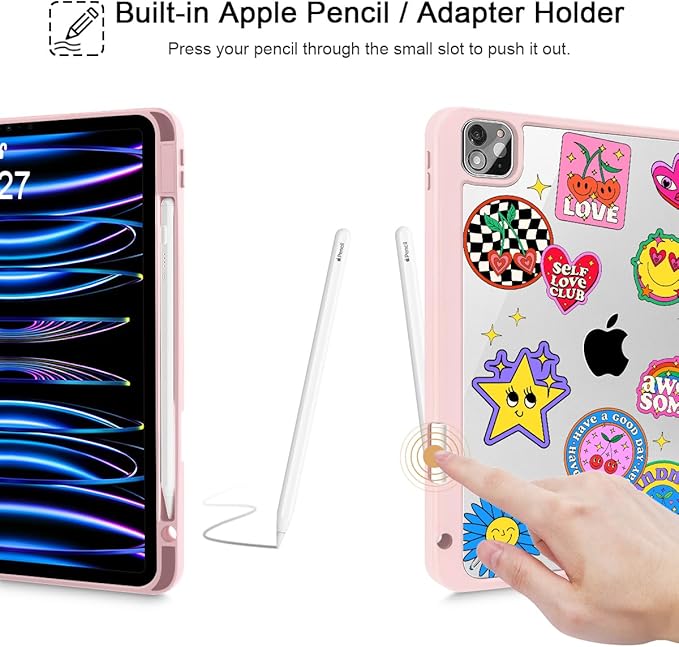 May Chen for iPad Pro 11 inch M2 4th Generation 2022 iPad Pro 11 3rd/2nd/1st Gen Built-in Pencil Holder with Shockproof Cover Clear Transparent Back Shell Auto Wake/Sleep Groovy