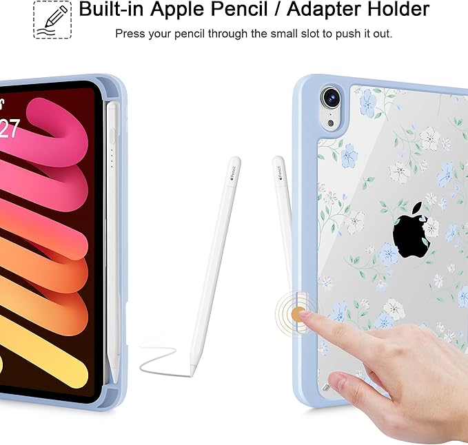 May Chen Slim Case for iPad mini 7 (A17 Pro 7th Generation) 2024 / iPad mini 6 (6th Gen) 8.3 Inch [Built-in Pencil Holder] Shockproof Cover Clear Clear Back Shell Auto Wake/Sleep Flower Blue Waves