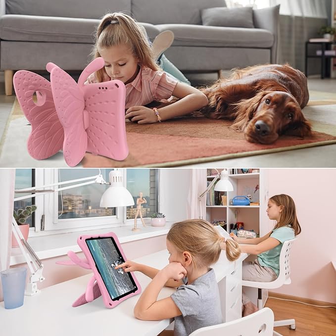 Dteck Fire HD 10 Kids Case (2021/2023 Release 11/13th Gen) 3D Cute Butterfly Case for Kids with Stand Shockproof Heavy Duty Pro Tablet Cover for Girls Pink