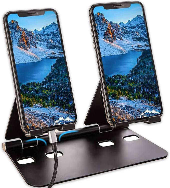 iAnder Aluminum Phone Stand Muti Functional Flat Phone Dual Bracket Adjustable Tablets Stand Compatible with iPhone iPad Smartphone and Tablet (Black)