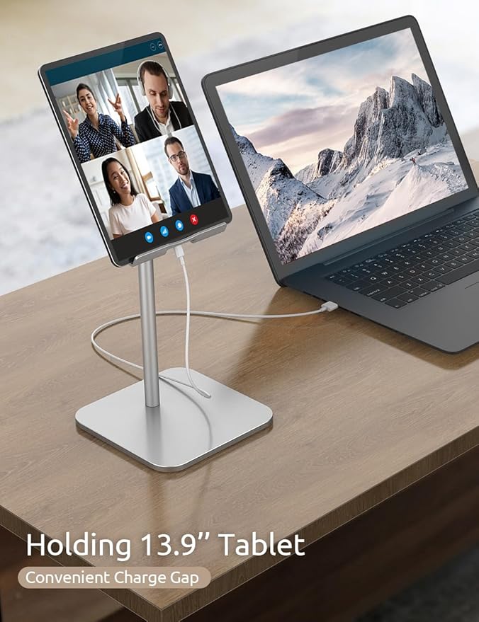 Tablet Stand Height Angle Adjustable Eye-Level Desktop iPad Stands Tablet Holder for Home Office Cradle Dock for iPad Pro 12.9 Air Mini 4 Kindle E-Reader Nexus iPhone (4-13'') Silver
