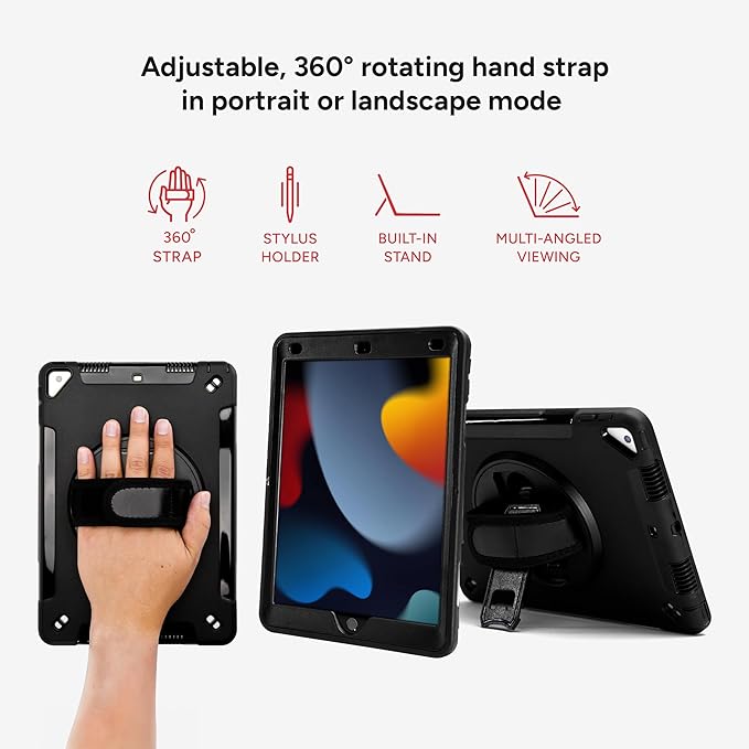 ZAGG Rugged Tablet Case for iPad 10.2-inch (9th/8th/7th Gen) - Protective 360° Rotating Hand Strap Integrated Kickstand Drop-Proof Ideal for Business Warehouse and Field Use Black