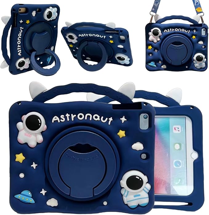 3D Cute Press Astronaut Case for iPad Pro 11 inch/Air 5th 2022/Air 4th 2020 10.9 inchKawaii Cartoon Character Space Soft Silicone Rotating Stand Case with Lanyard for Kids Teens Girls Women