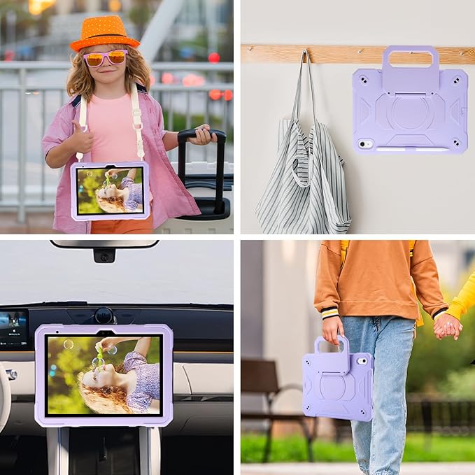 Case for iPad (A16) 2025 11th Gen 10.9'' iPad 10th Generation 2022 10.9'' with Tempered Glass Screen Protector Rugged Kid Case with Shoulder Strap/Pencil Holder/Folding Stand (Light Purple)