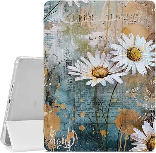 JOYLAND Retro Art Daisy Words Case for iPad Air 11 Inch M3(2025) / M2(2024) iPad Air 5th(2022) / 4th (2020) Gen 10.9 Inch Pencil Holder &amp Clear Transparent Back &amp Trifold Smart White Cover