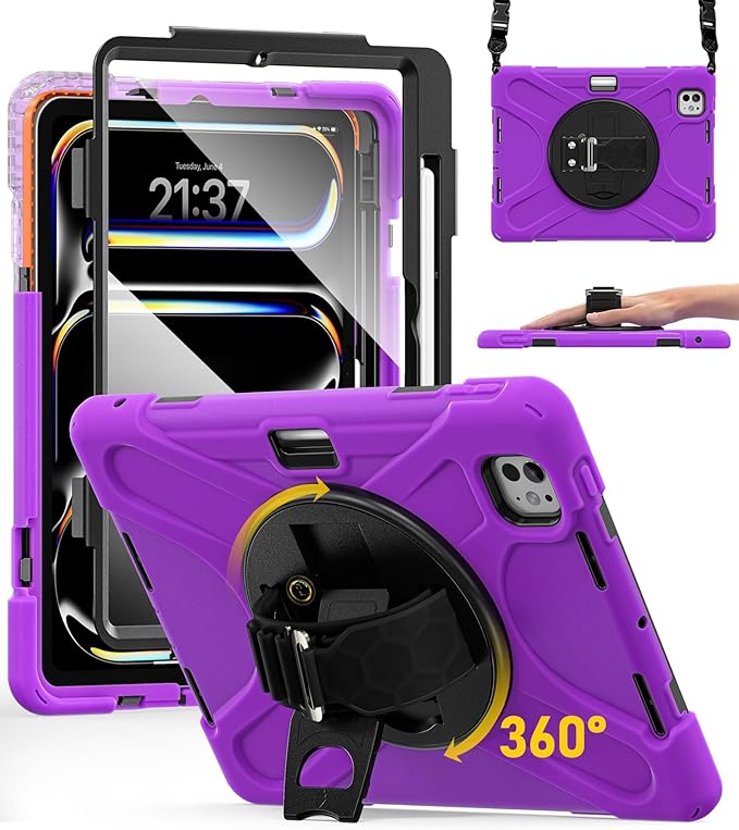 BRAECN Case for iPad Pro 11 inch M5 2025 &amp M4 2024 4 Layers Heavy Duty Full-Body Protection Screen Protector Pencil Holder 360° Rotating Handle Kickstand Shoulder Strap Kids Friendly