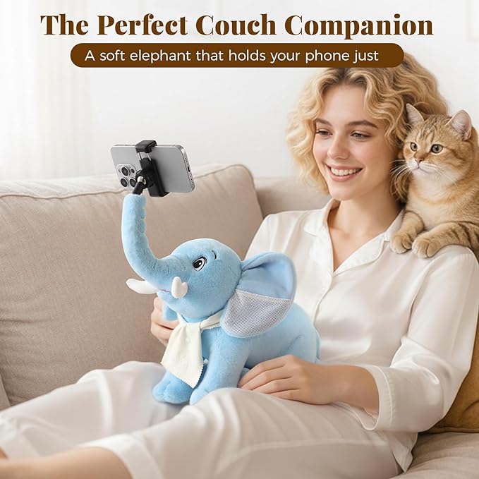 Phone Stand 360°Rotating Desk Phone Stand with 45°Adjustable Trunk Ear Pockets Glasses Cloth Scarf - Plush Phone Holder Back Fits Headphones Cell Phone Stand for desk Bed Sofa Car-Gray/Blue