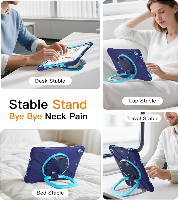 BATYUE iPad Air 3rd Generation Case 2019 / iPad Pro 10.5 inch Case 2017 Rugged Heavy Duty Protective Cover with Pencil Holder 360° Swivel Stand Shoulder Strap for Kids (Navy Blue+Blue)