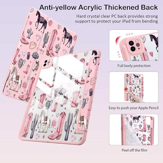 Cute Western Cowboy for iPad mini 7 A17 Pro 2024/iPad Mini 6 Case with Pencil Holder Auto Sleep/Wake Pink Leather Clear Acrylic Back Cover