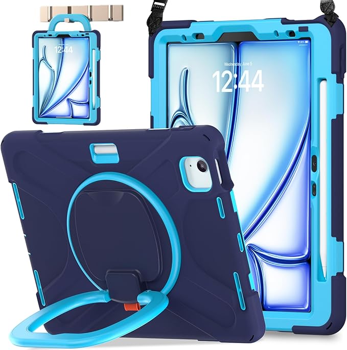 BATYUE Case for iPad Air 11-inch M4 (2026)/ M3 (2025)/ M2 (2024) iPad Air 5th/4th 10.9 inch(2022/2020) iPad Pro 11 4th/3rd/2nd/1st Kids Cover with Rotating Stand Pencil Holder Strap NavyBlue