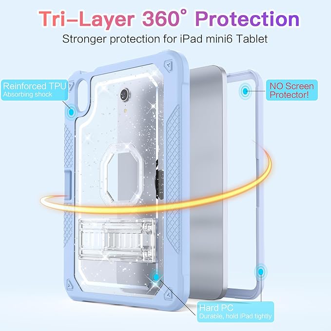 Case for iPad mini A17 Pro for iPad mini 7th/6th Generation Case 8.3 inch 2024/2021 with Pencil Holder/Stand Slim Cover for i Pad Mini 7/6 (Clear Glitter/SkyBlue)