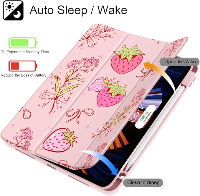 May Chen for iPad Pro 11 inch M2 4th Generation 2022 iPad Pro 11 3rd/2nd/1st Gen Case with Transparent Shockproof Back Cover [Built-in Pencil Holder Auto Sleep/Wake Strawberry Bow