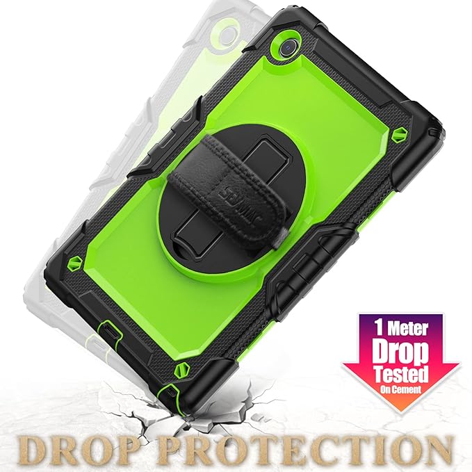 SEYMAC stock Case for Samsung Galaxy Tab A8 10.5'' Full-Body Drop Protection Case with Screen Protector Pencil Holder [360° Rotating Hand Strap] &ampStand Green+Black