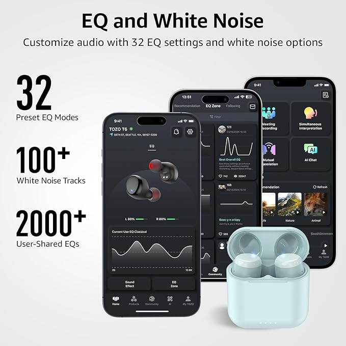 TOZO T6 Wireless Earbuds Bluetooth 5.3 Ear Buds Stereo Sound in Ear Headphones 50 Hours Playtime Wireless Charging Case APP Customizable EQs IPX8 Waterproof Earphones