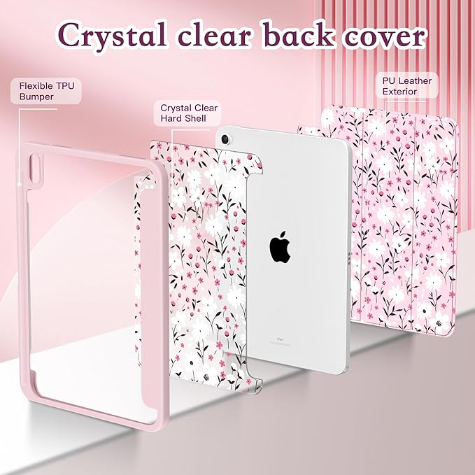 CISSOOK Case for iPad (A16) 11 inch 2025 &amp 10.9 inch iPad 10th Generation 2022 3D Pattern Slim Lightweight Protective Cover + Crystal Hard Back Cover Pink Flower