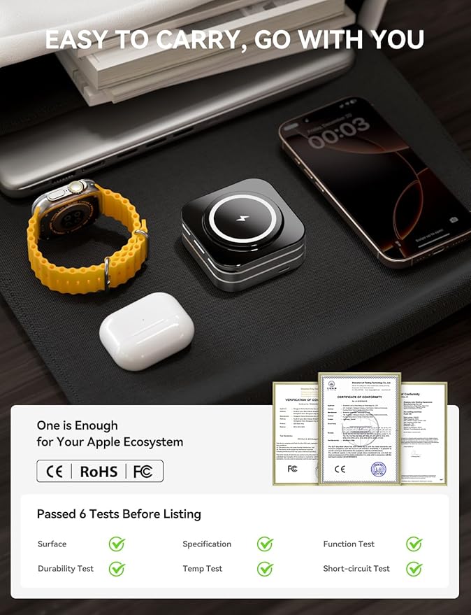 Thanstar 3 in 1 Foldable Wireless Charging Station with magsafe Charger Compatible with Apple Watch &amp Apple Devices Compact Charging Station for efficient Space-Saving Apple Watch Charger