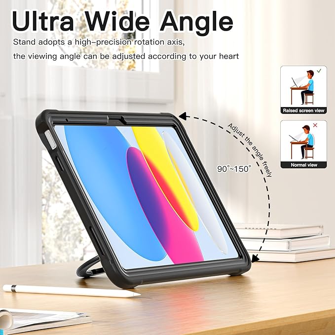 BATYUE Case for iPad (A16) 11th/10th Gen 11''/10.9'' 2025/2022 | Matte Frosted Shockproof Protective Cover with 360° Rotating &amp 180° Folding Stand Shoulder Strap &amp Pencil Holder | Black