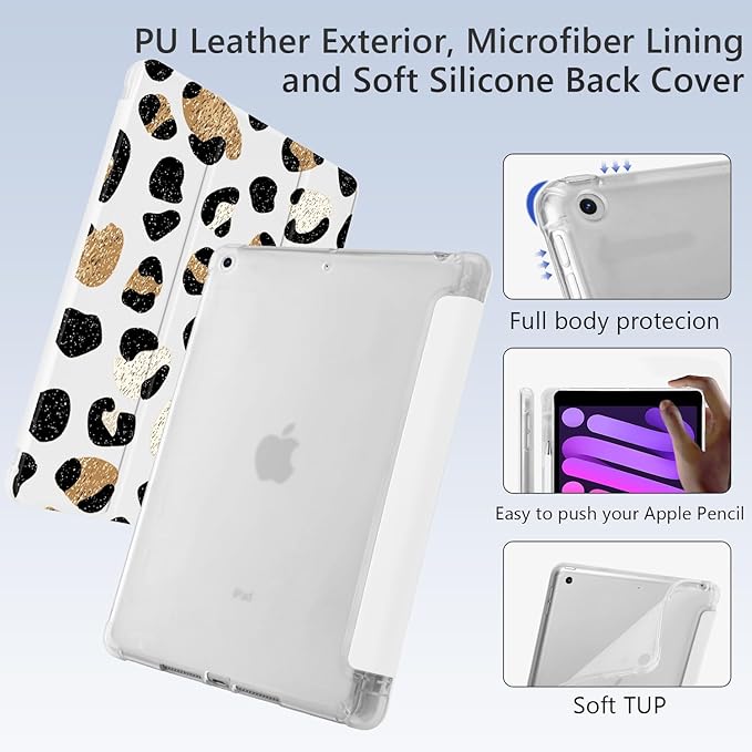 Cute Leopard Print for iPad Air 13 Inch Case M3 2025/M2 2024 with Pencil Holder Auto Sleep/Wake White Leather Soft TPU Back Cover