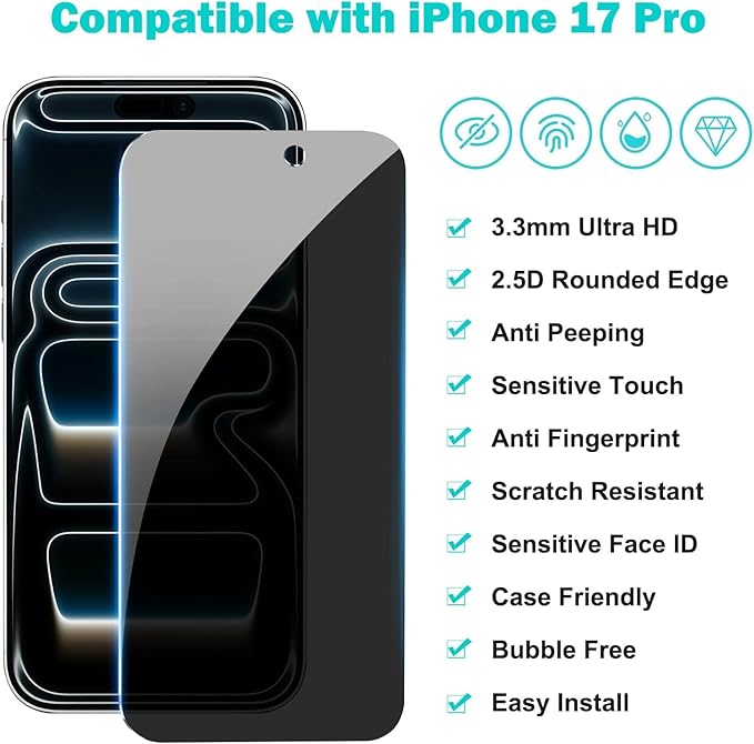 3 Pack for iPhone 17 Pro Screen Protector Privacy Full Cover Glass + 2 Camera Lens Protector 9H+ Tempered Glass Military Grade Shatterproof Anti Spy Bubble Free Auto installation Frame