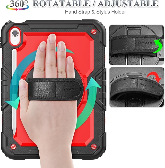 SEYMAC stock Case for iPad (A16) 11th/10th Generation 11''/10.9'' 2025/2022 Full-Body Drop Protection Case with Screen Protector &amp360° Rotate Hand Strap/Stand Red+SiliconeBlack