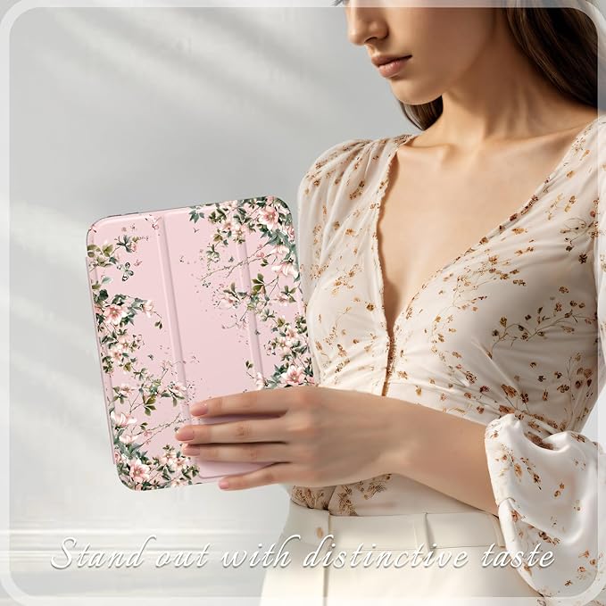 Cherry Tree iPad mini 6/7 Case (8.3) with Pencil Holder –Japanese Style Hot Pink Acrylic Cover withTri-Fold Stand Auto Wake/Sleep Fits A2567/A2568/A2569 &amp A17 Pro (Flower Blossoms) for Girls