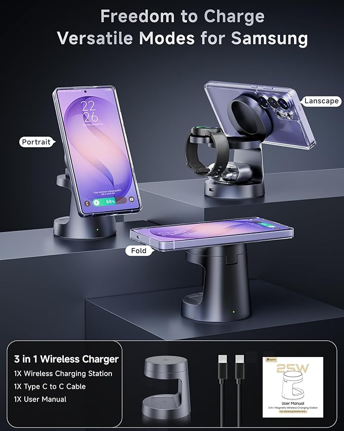 Qi2 Certified Magnetic Wireless Charger for Samsung 3-in-1 Fast Mag-Safe Charging Station with Night LightCompact Travel Charger Stand for S26 Ultra/S25 Ultra &ampGalaxy Watch Ultra 8/7