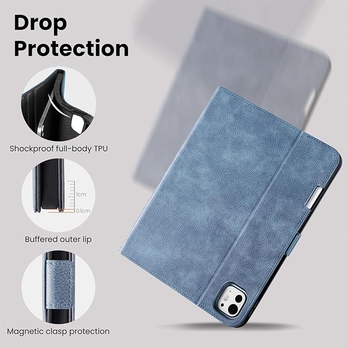 Handmade Case for iPad Pro 13 Inch (M5/M4) 2025/2024 with Pencil Holder PocketMagnetic ClosureAuto Sleep/WakeVegan Leather Folio Protective CoverMulti Angles StandLight Blue