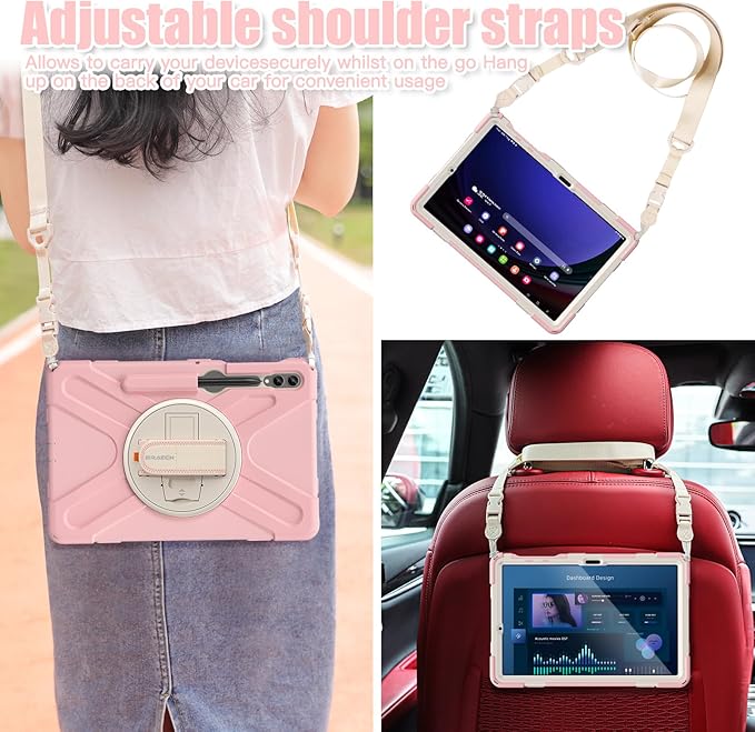 BRAECNstock for Samsung Galaxy Tab S10+ Plus/ S9 FE+ Plus/ S9+ Plus/ S8+ Plus/ S7 FE/ S7+ Plus 5G Case 12.4 Shockproof Protective Kids Cover with Rotating Hand Strap &amp Stand Pen Holder - Sakura P