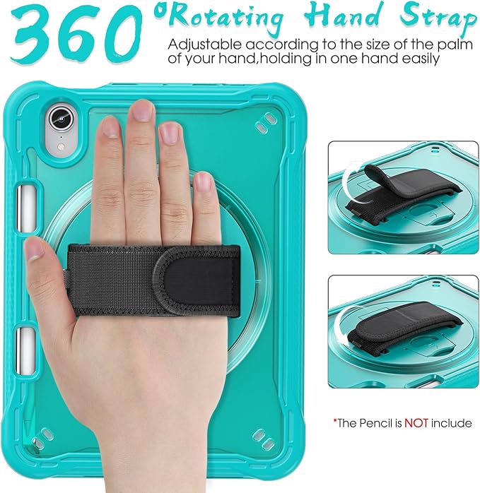 BRAECNstock Case for iPad mini 7 (A17 pro) 2024 &amp Mini 6 2021 8.3-inchShockproof Protective Cover with Pencil HolderScreen Protector360° Rotating Hand Strap/Stand-Light Blue