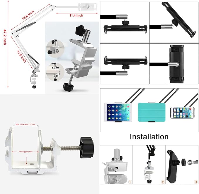 Heavy Duty Phone/Tablet Metal Holder Universal Mobile Cell Smartphone Mount Lazy Bracket 360° Rotation Gooseneck Clamp Stand Flexible Long Arm (Black 3-Section)