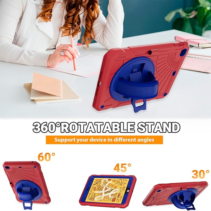 Case for iPad mini 5/4 with Screen Protector Pencil Holder [360 Rotating Hand Strap] &amp Stand Drop-Proof Case for iPad mini 5th/4th Generation 7.9 inch(Red)