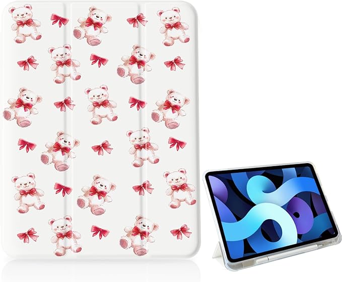 Cute Bear Red Bow for iPad Air 11 Inch Case M3 2025 7th /M2 2024 6th Gen[Pencil Holder+Auto Sleep/Wake]Slim Stand Soft Leather TPU Back Smart CoverWhite