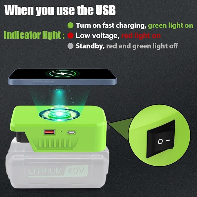 Wireless Charger Adapter for Ryobi 40V Battery OP4030 OP40401 15W Max Wireless Charging with USB &amp Type C Ports Tool Battery to Phone Charger for Camping Workshop