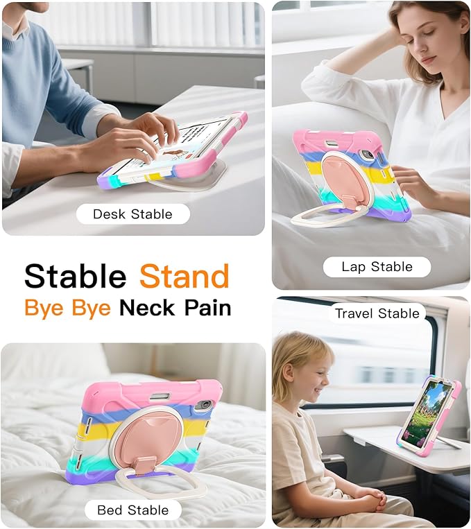 BATYUE Case for iPad Mini 7 A17 Pro 2024/iPad Mini 6 2021 8.3 Inch with Pencil Holder 360 Rotating Stand Shoulder Strap Handle Grip Shockproof Rugged Case for iPad Mini 7th/6th Gen Colourful Pink
