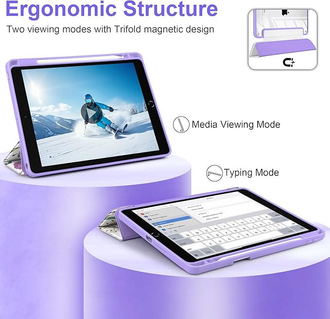 DONGKE for iPad 9th/8th/7th Generation Case 10.2 Inch (2021/2020/2019) [Auto Sleep/Wake &amp Pencil Holder] Clear Acrylic Back Trifold Stand Cover Purple Botanical Wildflower