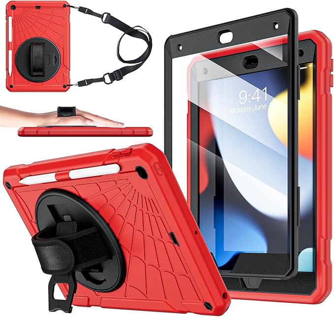 for iPad 9th Generation 2021/ iPad 8th Generation 2020/ iPad 7th Generation 2019 Case with Screen Protector Pencil Holder [360° Rotating Hand Strap] &amp Stand for iPad 10.2 inch (Red)