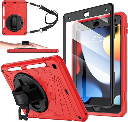 for iPad 9th Generation 2021/ iPad 8th Generation 2020/ iPad 7th Generation 2019 Case with Screen Protector Pencil Holder [360° Rotating Hand Strap] &amp Stand for iPad 10.2 inch (Red)