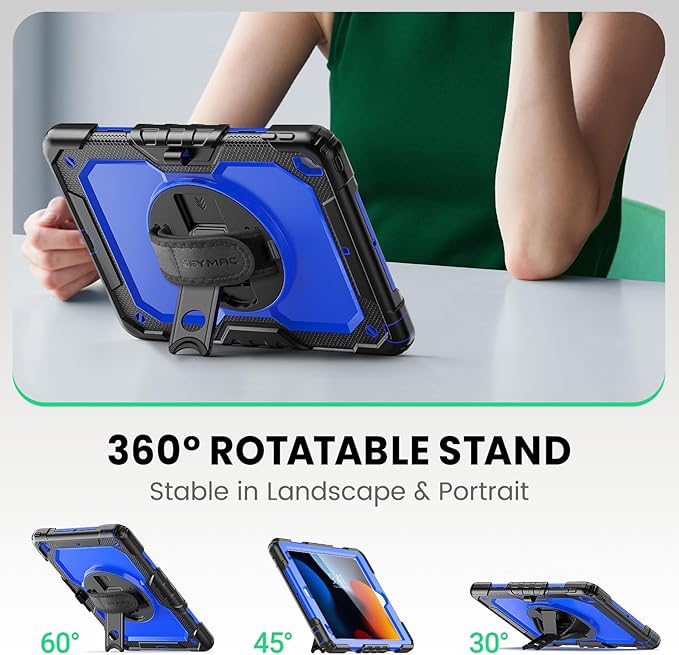 SEYMAC for iPad 9th/8th/7th Generation Case 10.2 2021-2019 Full-Body Shockproof Heavy Duty Protective Case with Screen Protector Rotating Stand/Handle/Shoulder Strap for iPad 10.2 Black/Blue