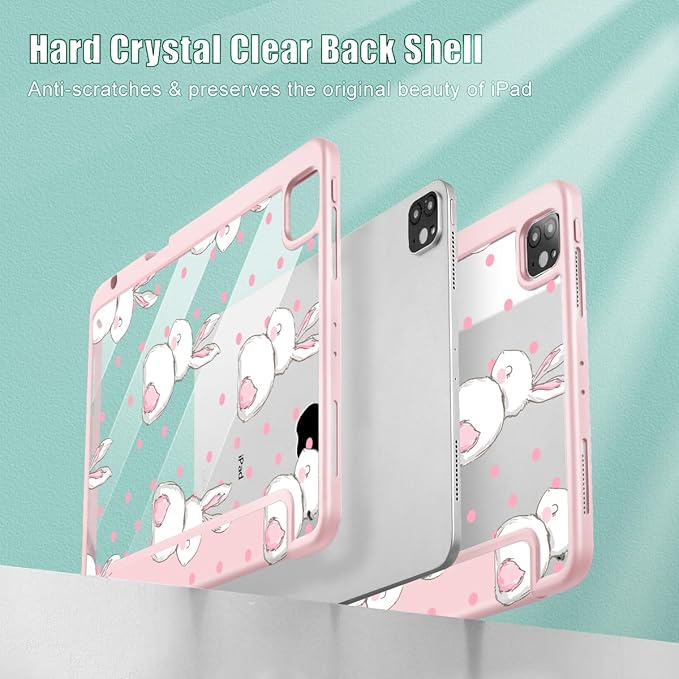 May Chen for iPad Pro 11 inch M2 4th Generation 2022 iPad Pro 11 3rd/2nd/1st Gen Built-in Pencil Holder with Shockproof Cover Clear Transparent Back Shell Auto Wake/Sleep Cute Rabbit