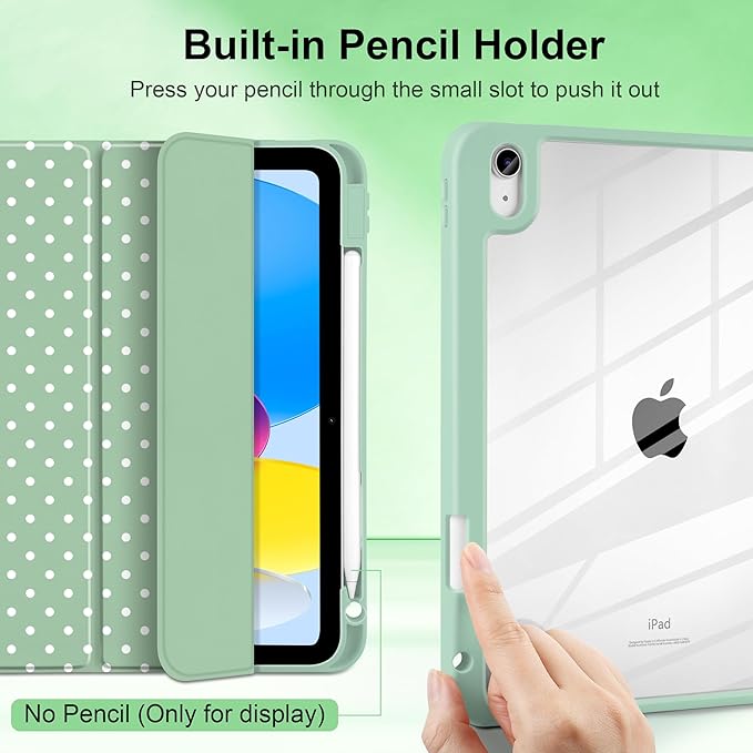 Case for iPad A16 11th Generation 11 inch 2025 iPad 10th Generation 10.9 inch 2022 -[Built-in Pencil Holder] Shockproof Clear Hard Back Trifold Stand Auto Wake/Sleep Green White dot