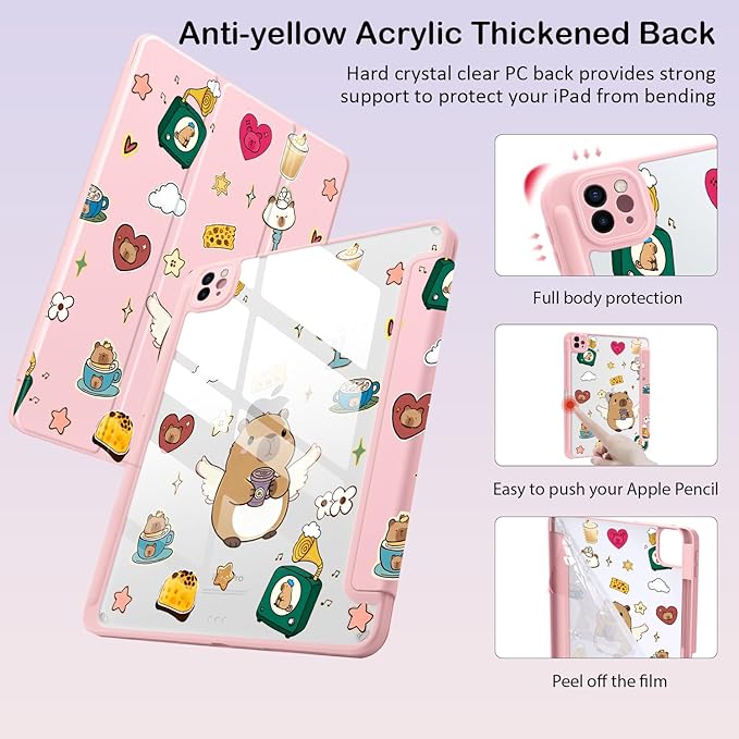 Cute Kawaii Capybara Coffee for iPad Air 11 Inch Case 7th/6th Generation (M3/M2) 2025/2024 with Pencil Holder Auto Sleep/Wake Pink Leather Clear Acrylic Back Cover